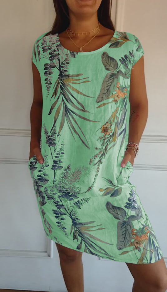 FloraFijn™ – Damenkleid aus Baumwolle und Leinen mit Rundhalsausschnitt und Print