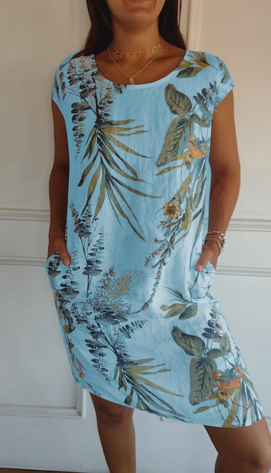 FloraFijn™ – Damenkleid aus Baumwolle und Leinen mit Rundhalsausschnitt und Print