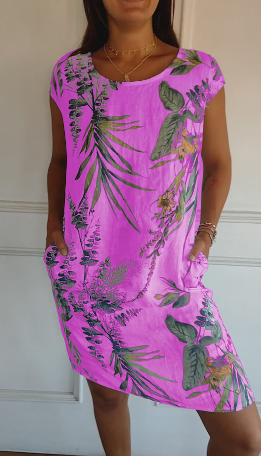 FloraFijn™ – Damenkleid aus Baumwolle und Leinen mit Rundhalsausschnitt und Print