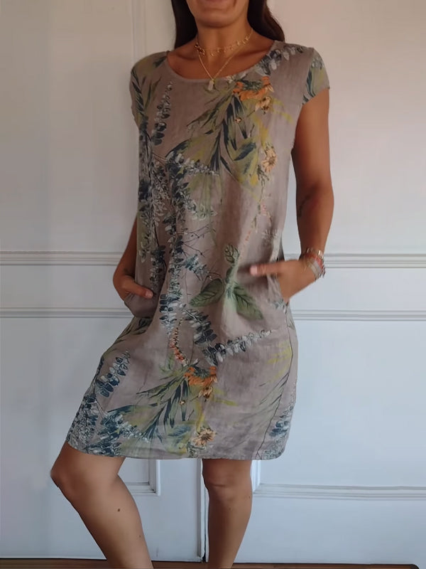 FloraFijn™ – Damenkleid aus Baumwolle und Leinen mit Rundhalsausschnitt und Print