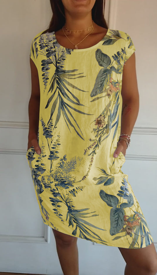 FloraFijn™ – Damenkleid aus Baumwolle und Leinen mit Rundhalsausschnitt und Print