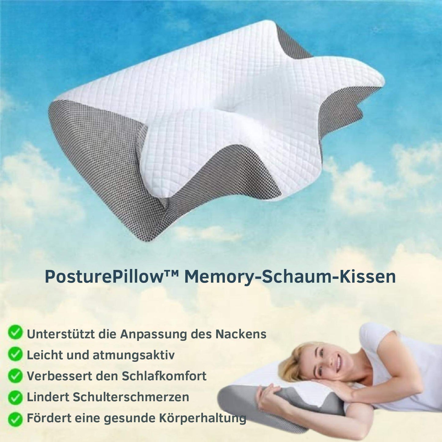 PosturePillow™ | Schlafe besser, wache erfrischt auf – ergonomische Unterstützung für Nacken und Rücken die ganze Nacht