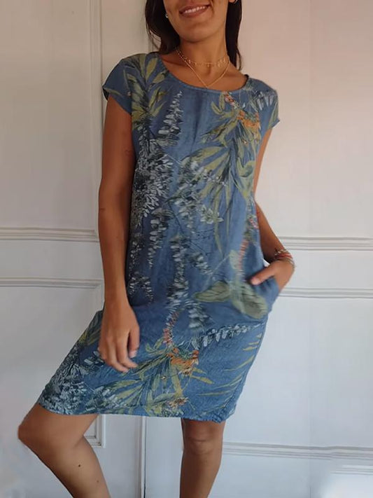 FloraFijn™ – Damenkleid aus Baumwolle und Leinen mit Rundhalsausschnitt und Print