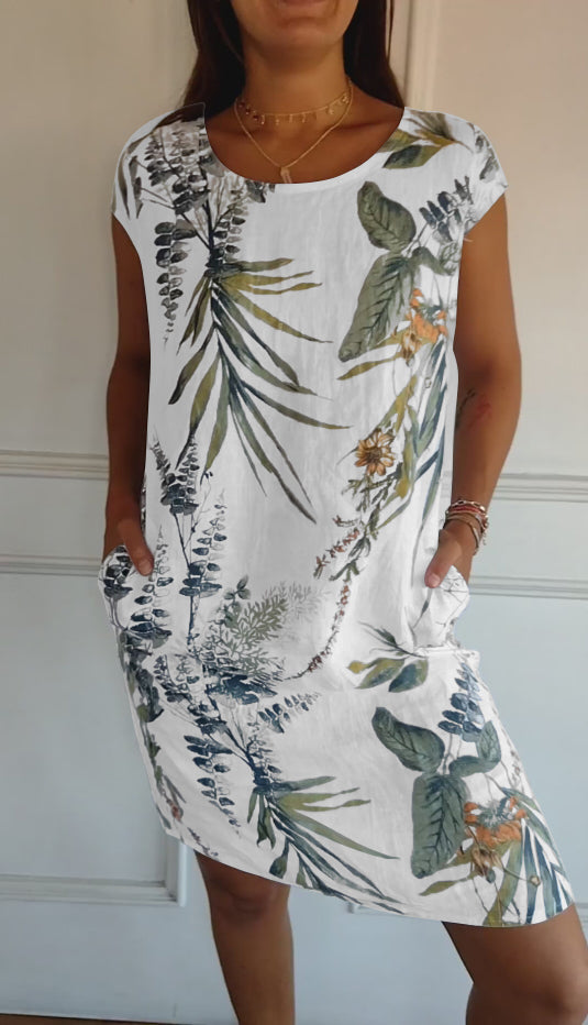 FloraFijn™ – Damenkleid aus Baumwolle und Leinen mit Rundhalsausschnitt und Print