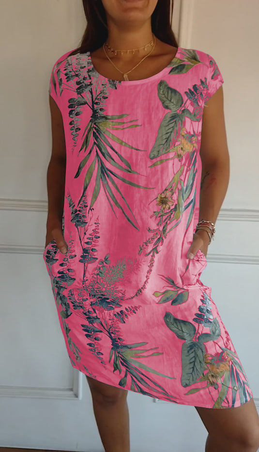 FloraFijn™ – Damenkleid aus Baumwolle und Leinen mit Rundhalsausschnitt und Print