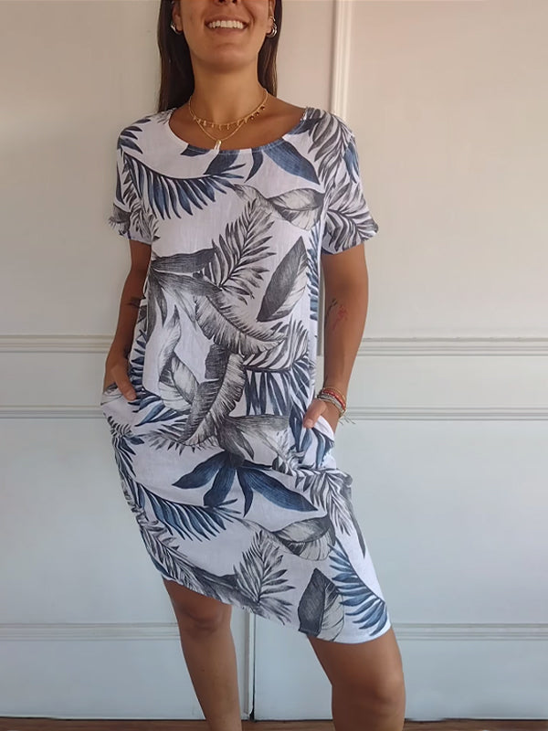FloraFijn™ – Damenkleid aus Baumwolle und Leinen mit Rundhalsausschnitt und Print