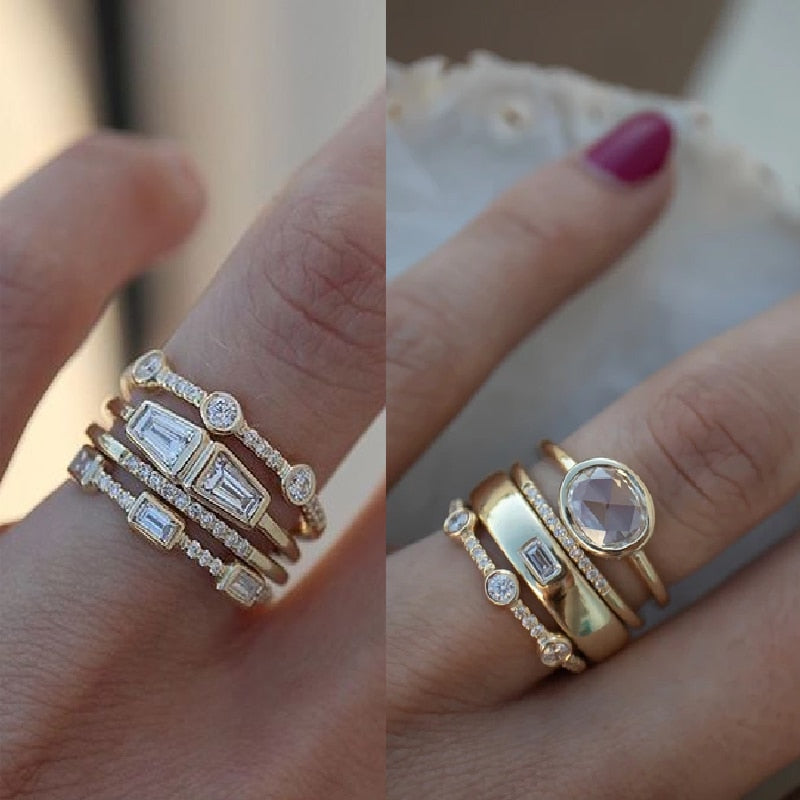 Lumiére™ Geometrisches Ring-Set in Goldoptik mit Runden Zirkonia-Kristallen