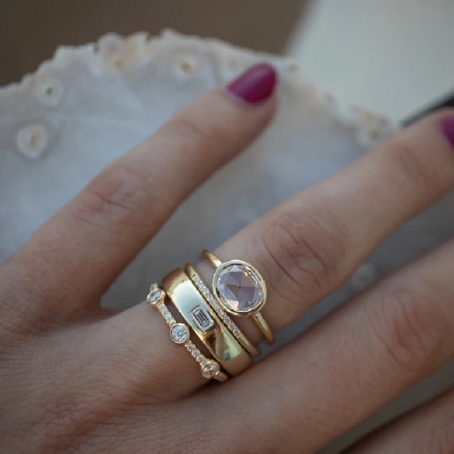 Lumiére™ Geometrisches Ring-Set in Goldoptik mit Runden Zirkonia-Kristallen