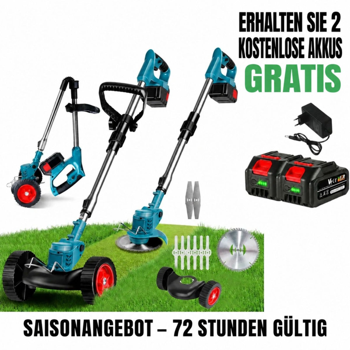 LawnLift™ | Kabelloser und faltbarer Rasentrimmer – Verstellbare Höhe, Räder und 3 Klingentypen
